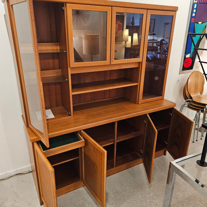 Teak Two Piece Lighted Hutch