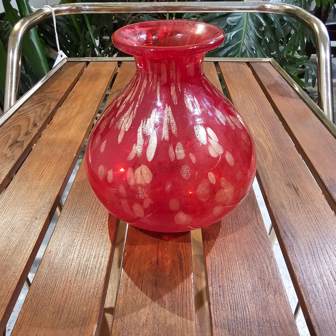 Vintage MCM Red & Gold Art Glass Vase