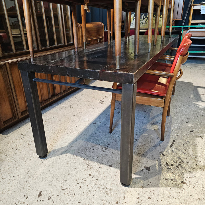 8.5' Dark Stained Harvest Table w/ Steel Legs