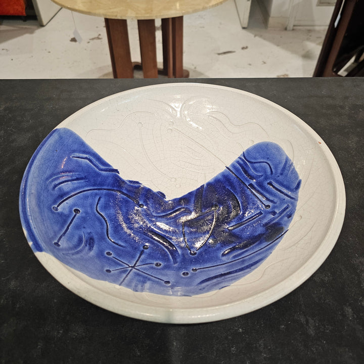 Vintage Artist Signed Blue & White Abstract Bowl
