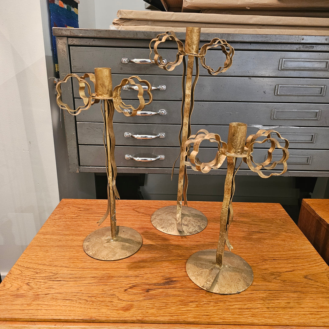 Set of Three Gold Metal Candleholders