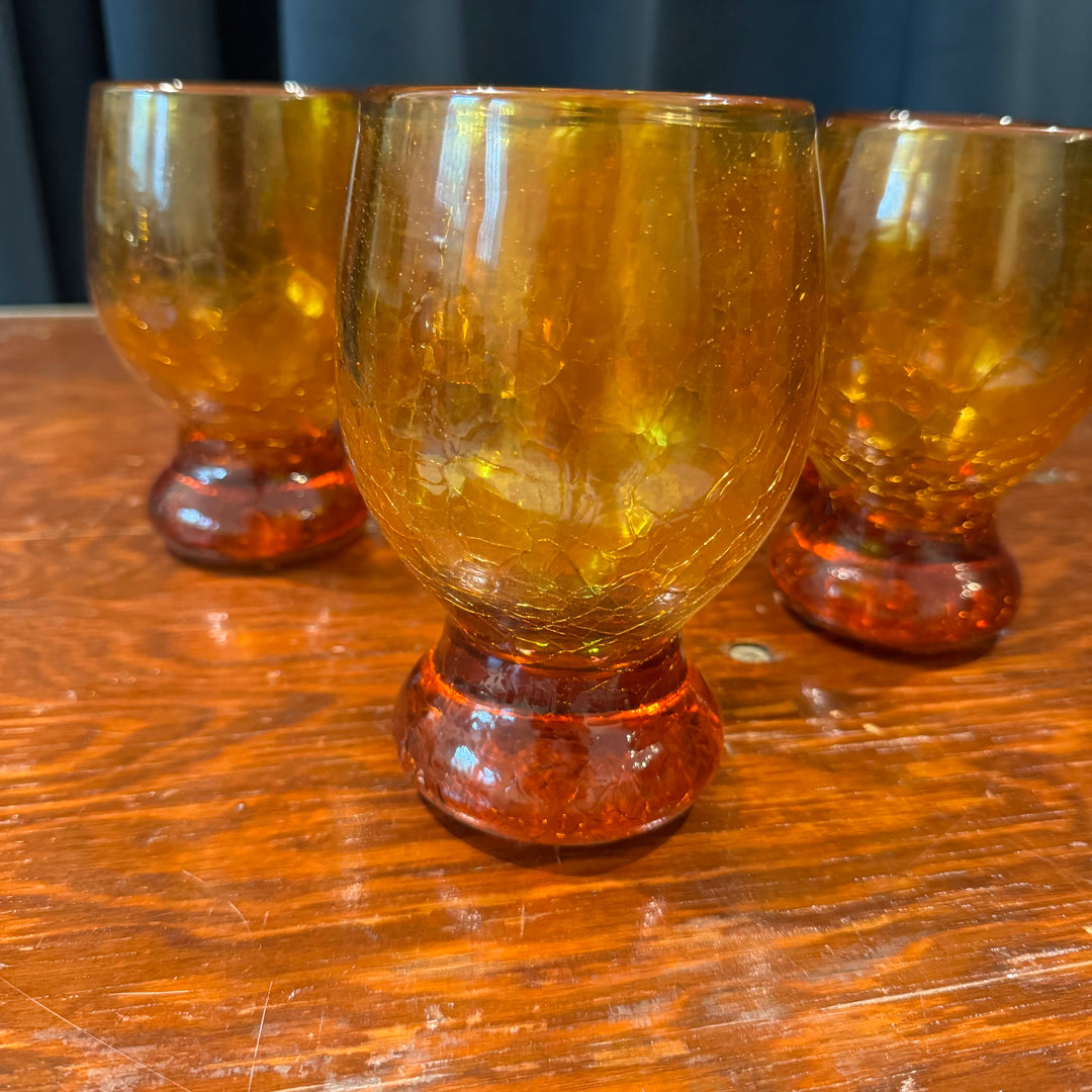 Set of Eight Blenko Amber Crackle Aishball Glasses