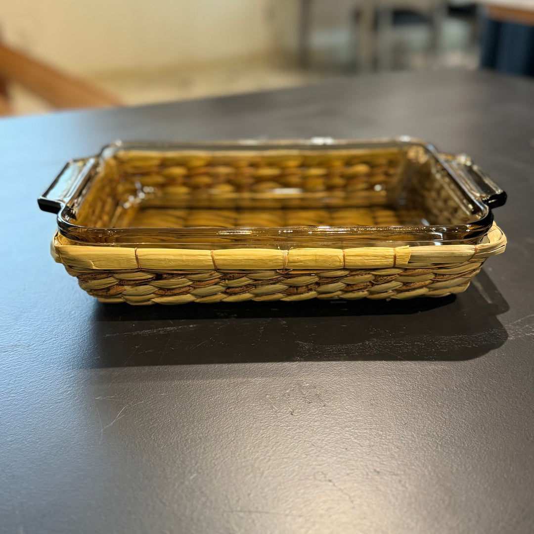 Anchor Hocking Harvest Amber Rectangular Baking Dish w/ Rattan Server