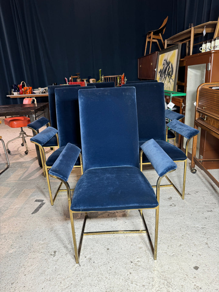 (6) Baughman Style Blue Velvet Upholstered Dining Chairs